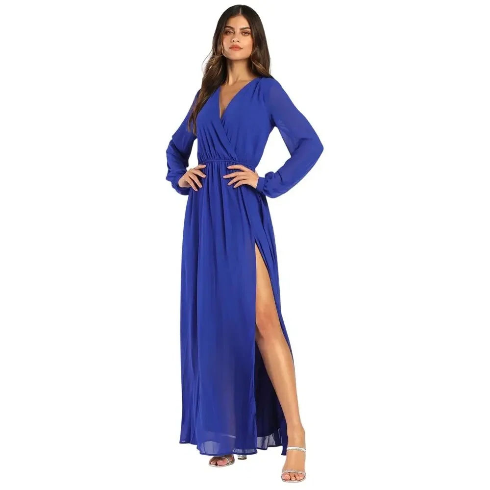 Lulus Wondrous Water Lilies Long Sleeve Maxi Dress Women’s Large Royal Blue - Picture 2 of 16